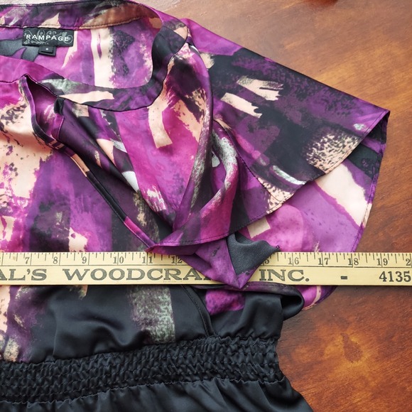 Rampage Satin Faux Wrap Top S Purple Black Boho Y2K Flutter Sleeve Smocked Waist - Picture 15 of 16
